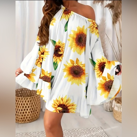 Passion of Essence Dresses & Skirts - Sunflower Print Bell Sleeve Ruffle Hem Swing Dress